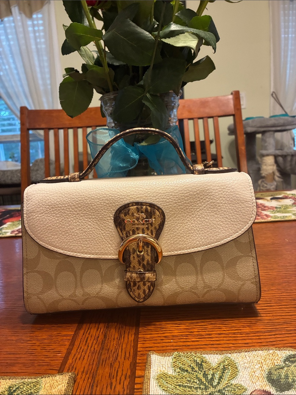 Coach Beige Signature Canvas Satchel with White Flap and Snake-Print Trim CA427